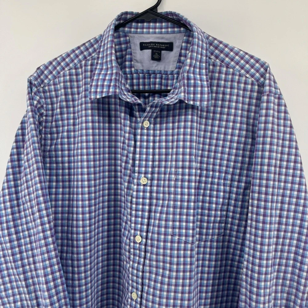 Banana Republic Mens XL Soft Wash Shirt Purple Blue Gingham Check‎ Plaid